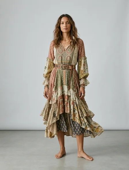 Bohemian midi dress on a model: flowing, printed, layered, natural fabrics