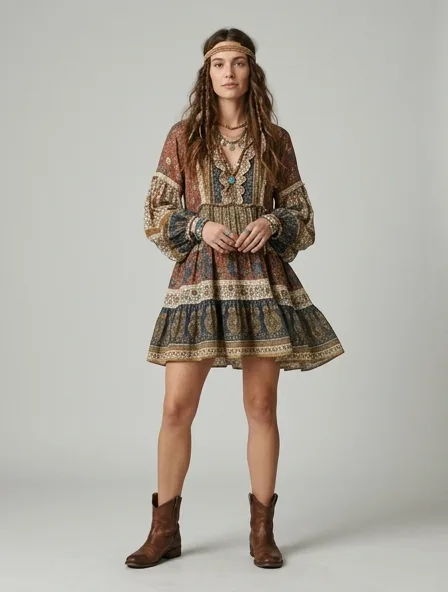 Bohemian mini dress on a model: flowing, printed, layered, natural fabrics