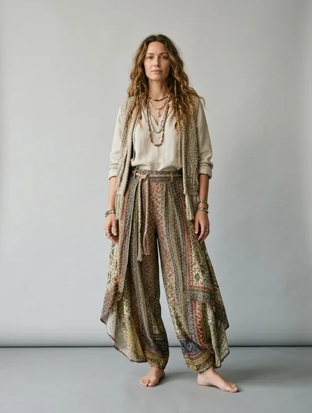 Bohemian pants on a model: flowing, printed, layered, natural fabrics