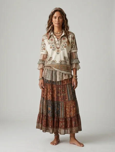 Bohemian polo shirt on a model: flowing, printed, layered, natural fabrics