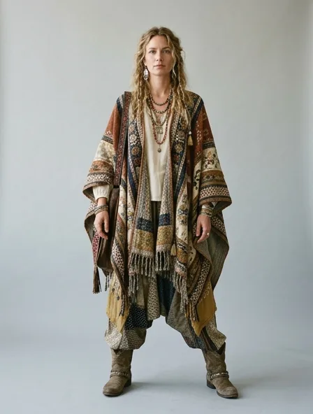 Bohemian poncho on a model: flowing, printed, layered, natural fabrics