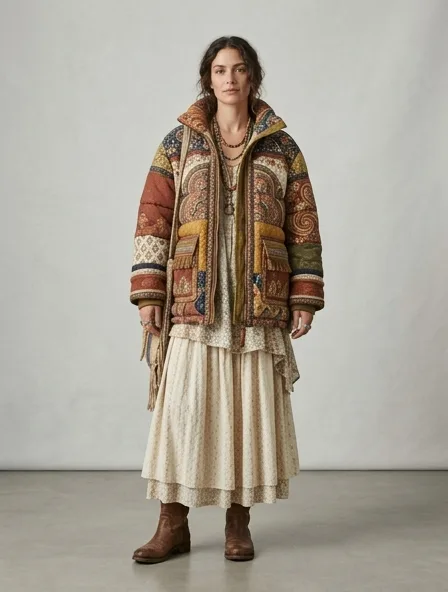 Bohemian puffer jacket on a model: flowing, printed, layered, natural fabrics