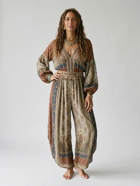 Bohemian romper on a model: flowing, printed, layered, natural fabrics