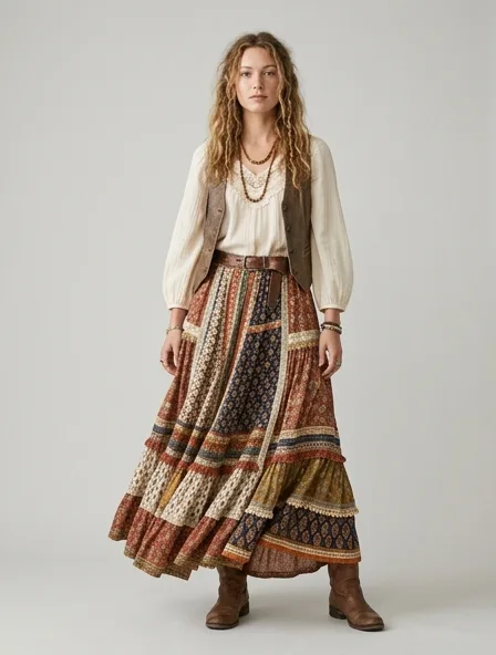 Bohemian skirt on a model: flowing, printed, layered, natural fabrics