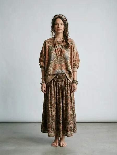 Bohemian sweatshirt on a model: flowing, printed, layered, natural fabrics
