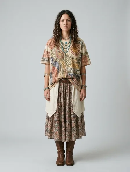 Bohemian t-shirt on a model: flowing, printed, layered, natural fabrics