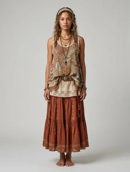 Bohemian tank top on a model: flowing, printed, layered, natural fabrics