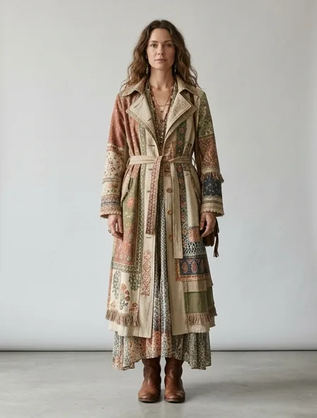 Bohemian trench coat on a model: flowing, printed, layered, natural fabrics