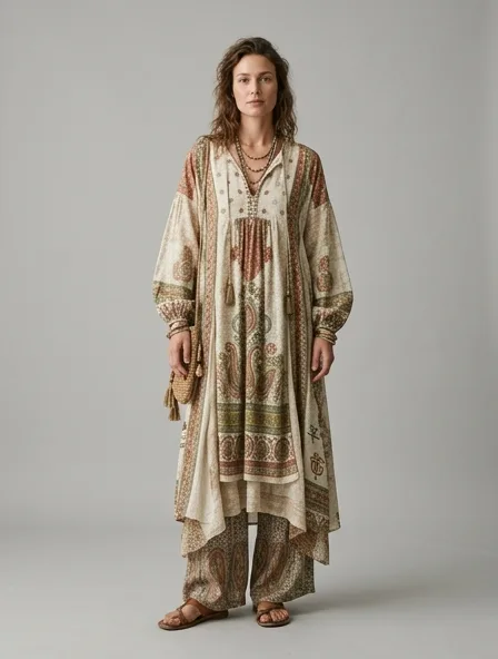 Bohemian tunic on a model: flowing, printed, layered, natural fabrics