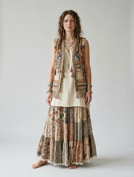 Bohemian vest on a model: flowing, printed, layered, natural fabrics