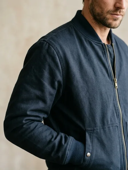 Bomber jacket fabric close-up showing drape and texture