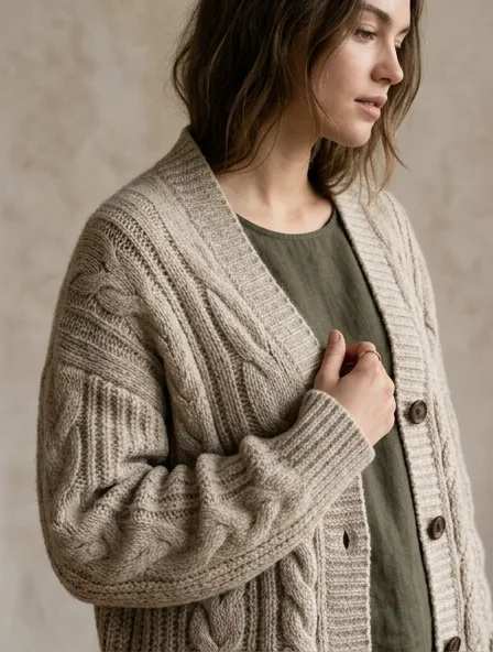 Cardigan fabric close-up showing drape and texture