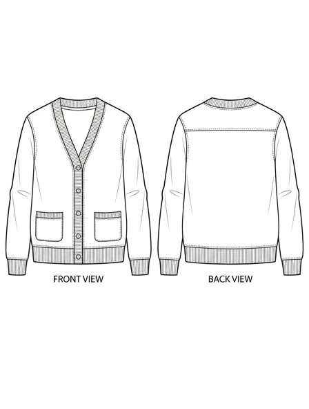 Cardigan flat technical drawing, front and back