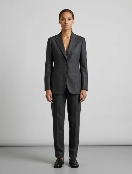 Blazer in cashmere and wool suiting, on a model in a studio
