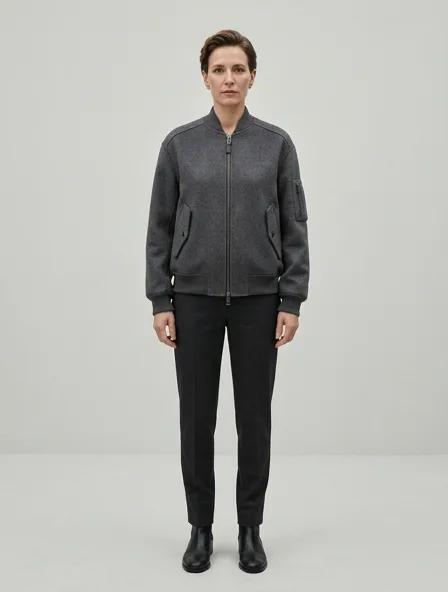 Bomber jacket in double-face cashmere, on a model in a studio