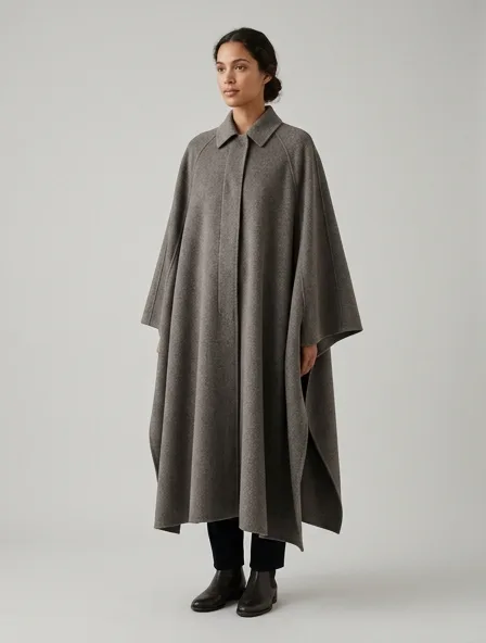 Cape in double-face cashmere, on a model in a studio