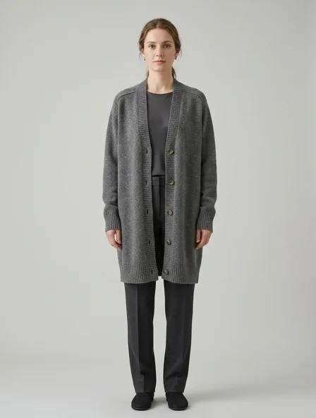 Cardigan in cashmere knit, on a model in a studio