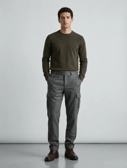 Cargo pants in cashmere flannel, on a model in a studio