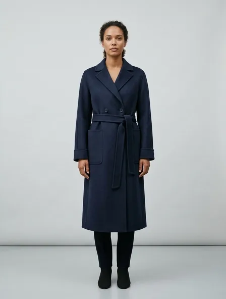 Coat in double-face cashmere, on a model in a studio