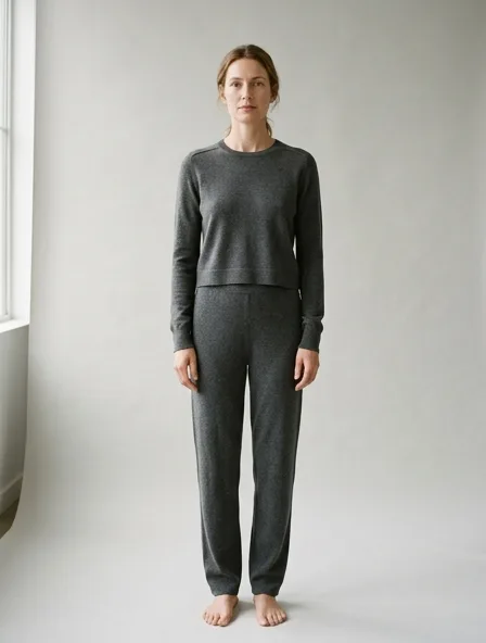 Crop top in cashmere jersey, on a model in a studio
