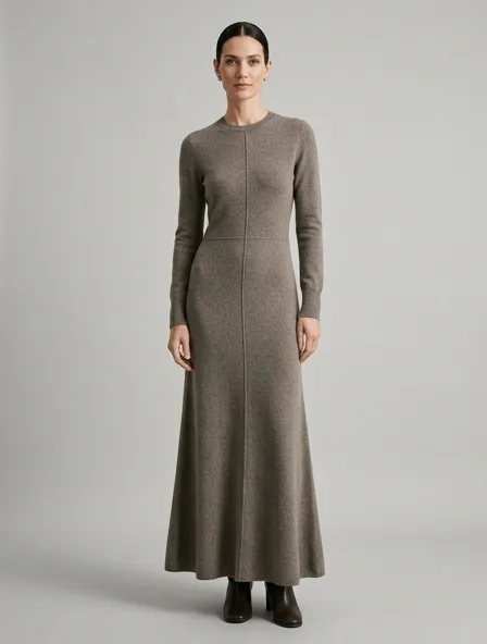 Dress in cashmere knit, on a model in a studio
