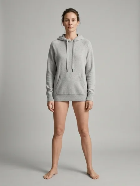Hoodie in cashmere knit, on a model in a studio