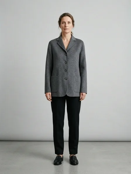Jacket in double-face cashmere, on a model in a studio