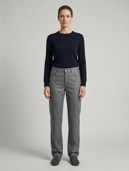 Jeans in cashmere flannel, on a model in a studio