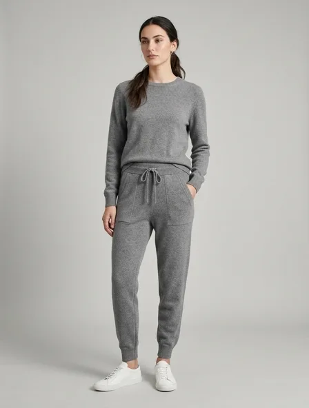 Joggers in cashmere knit, on a model in a studio