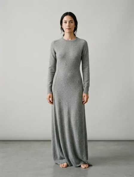 Maxi dress in cashmere knit, on a model in a studio