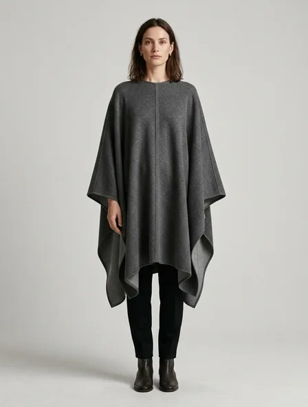 Poncho in double-face cashmere, on a model in a studio