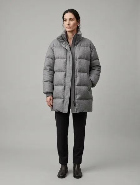 Puffer jacket in double-face cashmere, on a model in a studio
