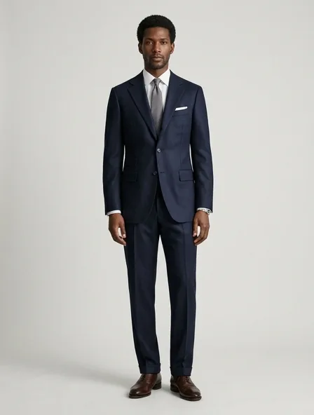 Suit in cashmere and wool suiting, on a model in a studio