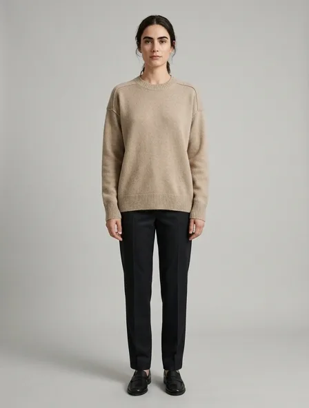 Sweater in cashmere knit, on a model in a studio