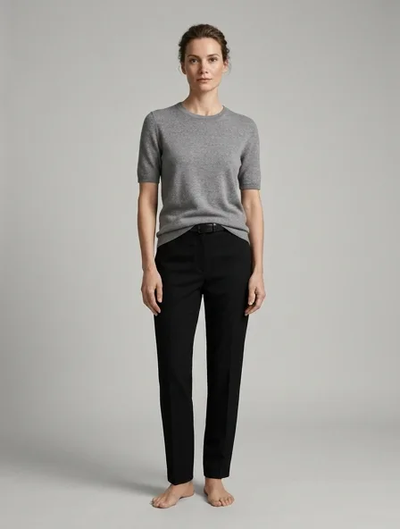 T-shirt in cashmere jersey, on a model in a studio