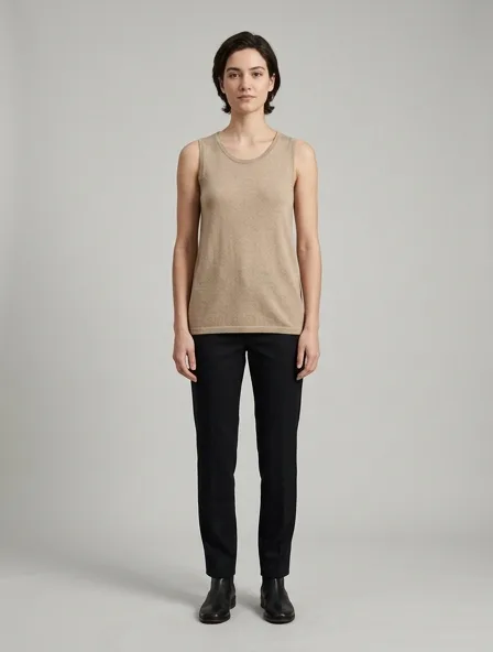 Tank top in cashmere jersey, on a model in a studio