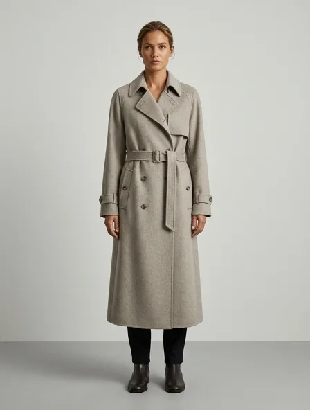 Trench coat in double-face cashmere, on a model in a studio