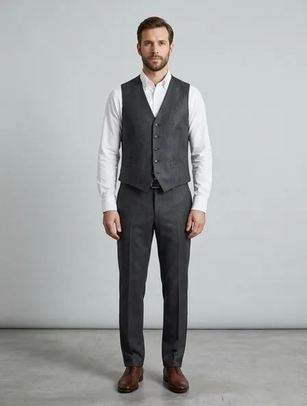 Vest in cashmere and wool suiting, on a model in a studio