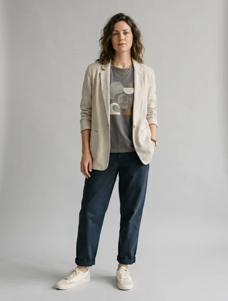 Casual blazer on a model: relaxed fits, comfortable fabrics, easy styling