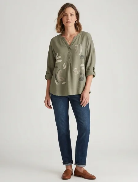 Casual blouse on a model: relaxed fits, comfortable fabrics, easy styling