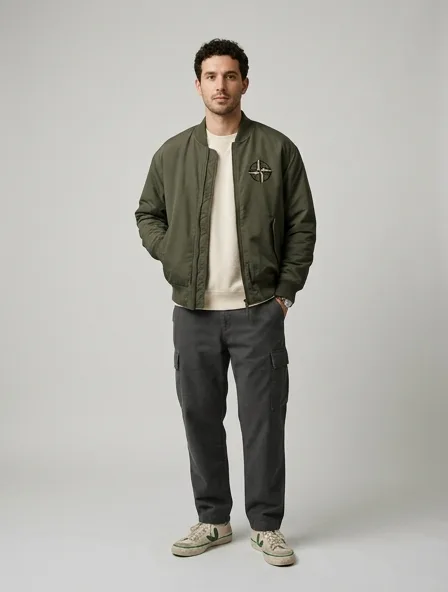 Casual bomber jacket on a model: relaxed fits, comfortable fabrics, easy styling