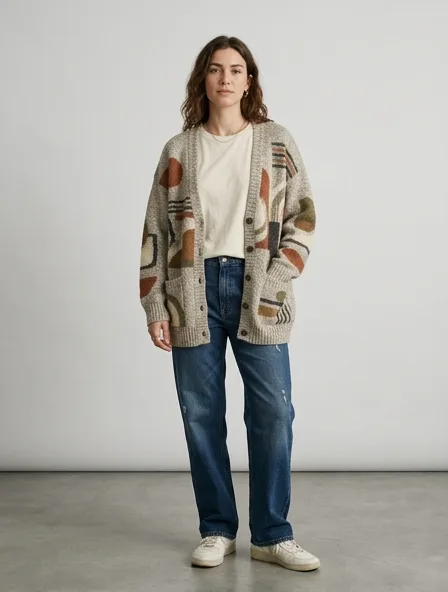 Casual cardigan on a model: relaxed fits, comfortable fabrics, easy styling