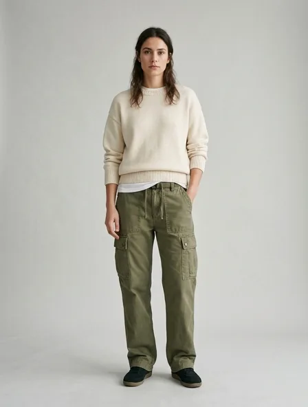 Casual cargo pants on a model: relaxed fits, comfortable fabrics, easy styling