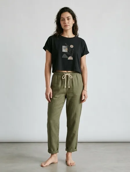 Casual crop top on a model: relaxed fits, comfortable fabrics, easy styling