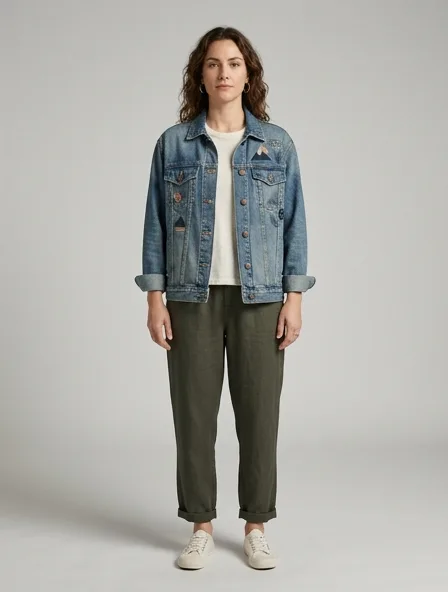 Casual denim jacket on a model: relaxed fits, comfortable fabrics, easy styling