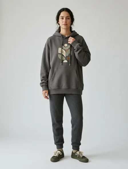 Casual hoodie on a model: relaxed fits, comfortable fabrics, easy styling