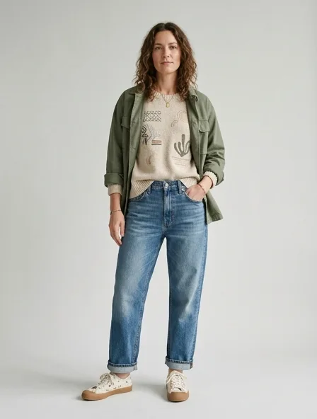 Casual jeans on a model: relaxed fits, comfortable fabrics, easy styling