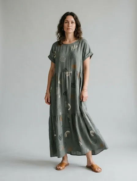 Casual maxi dress on a model: relaxed fits, comfortable fabrics, easy styling