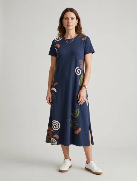 Casual midi dress on a model: relaxed fits, comfortable fabrics, easy styling