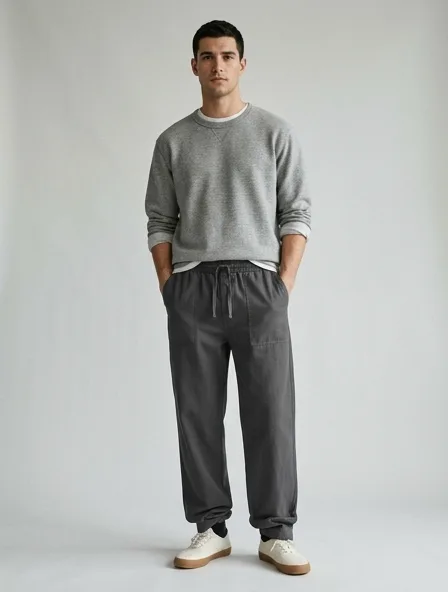 Casual pants on a model: relaxed fits, comfortable fabrics, easy styling